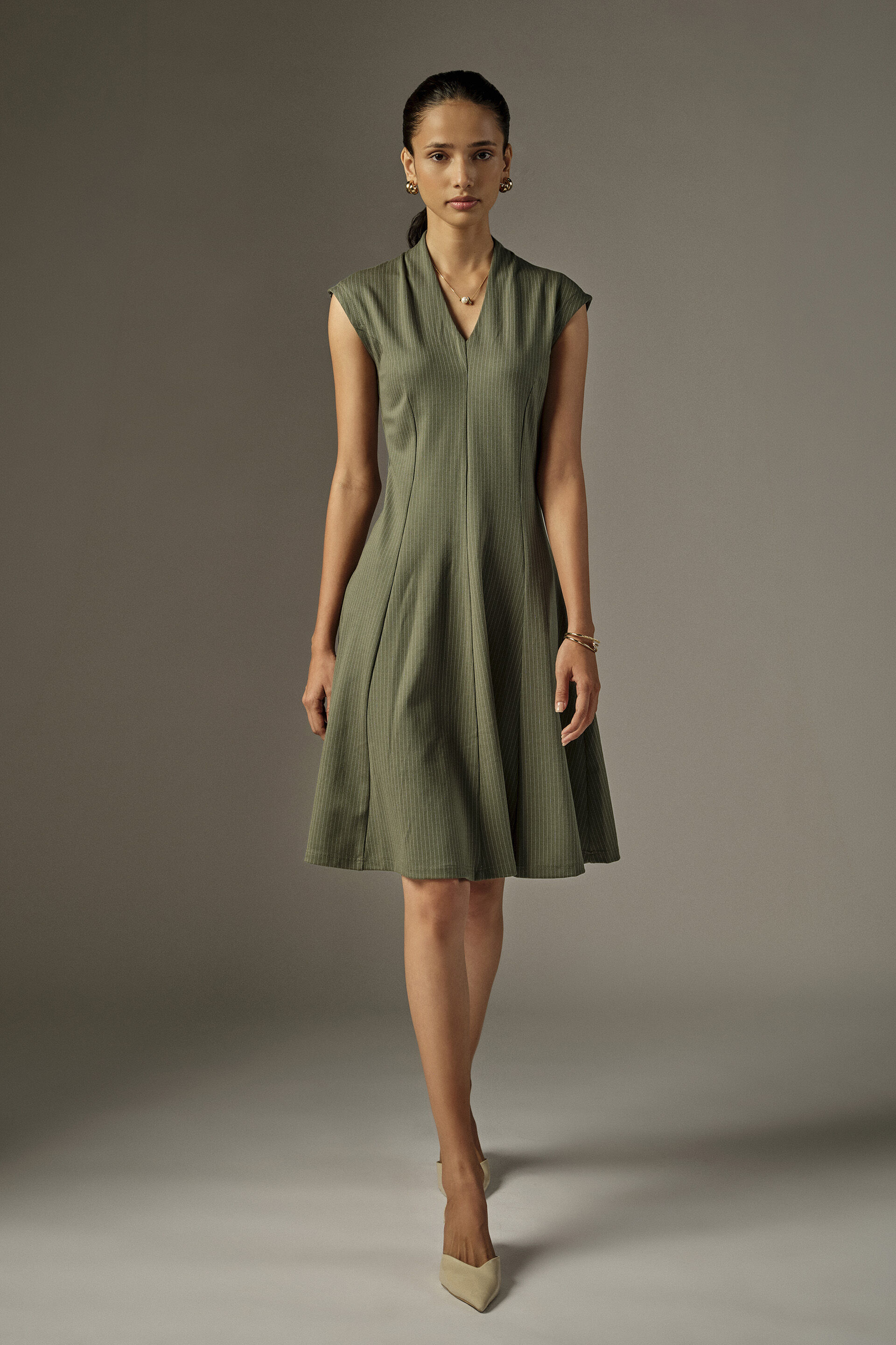 Fit & Flare Striped Mini Dress in Olive, Olive, image 2